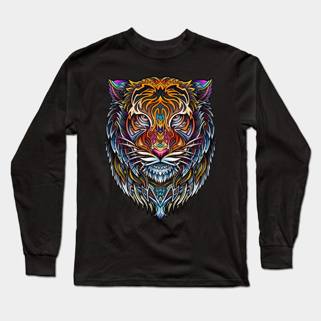 Tiger Face Viking Mandala Long Sleeve T-Shirt by Winya